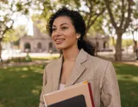 Young woman stands on a lawn wearing a suit and holding folders and a notebook in her hand.