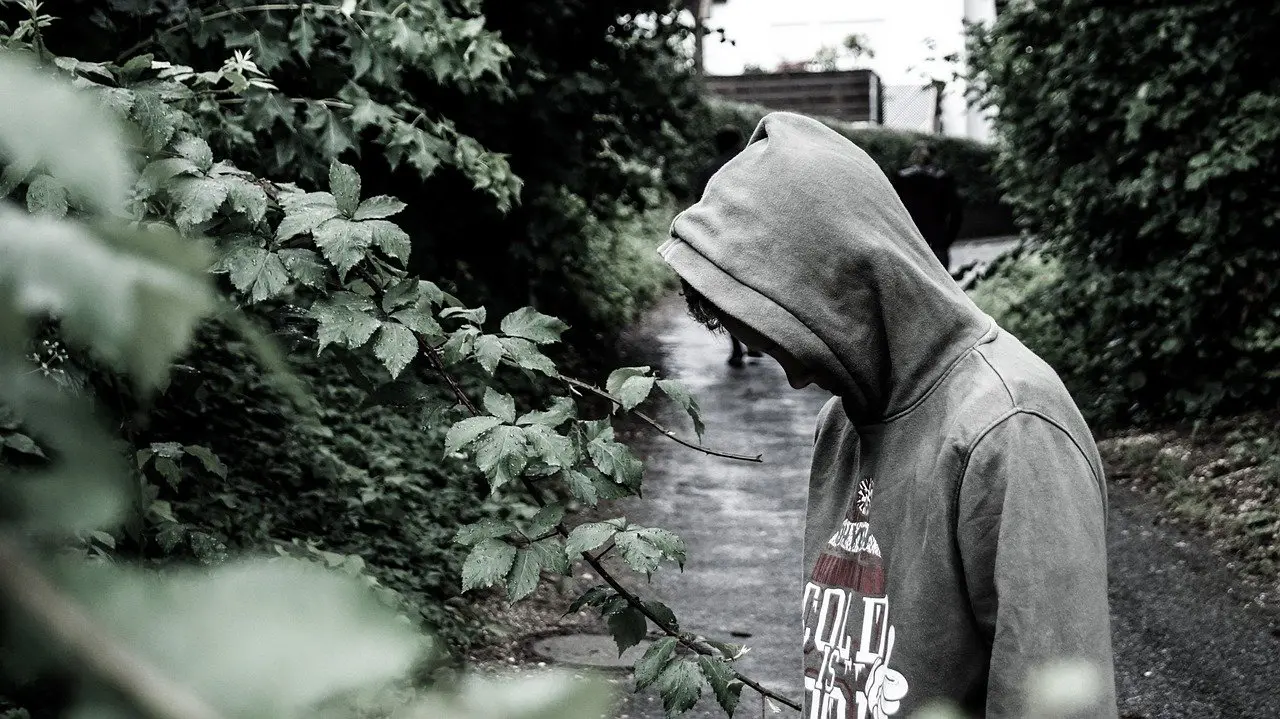 A teen boy in a hoodie alone on a tree-lined path