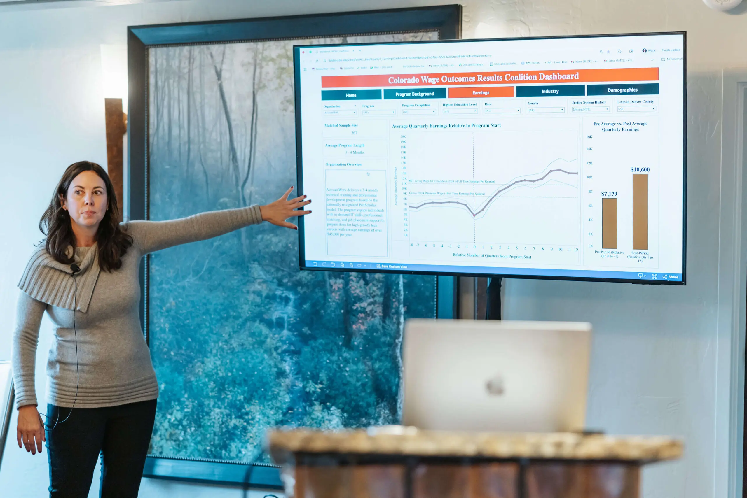 a woman in a gray sweater points to a powerpoint presentation