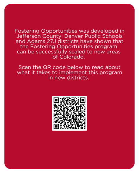 Fostering Opportunities was developed in Jefferson County. Denver Public Schools and Adams 27J districts have shown that the Fostering Opportunities program can be successfully scaled to new areas of Colorado. Scan the QR code to read about what it takes to implement this program in new districts at https://bit.ly/4bEJaBS