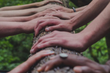 many hands pushing on a log